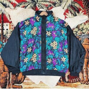 1980s Colorful Wildflower Nylon Bomber Resistant Windbreaker Track Jacket Sz M